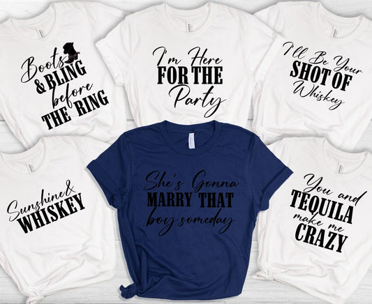 Country Music Bridal Party T-Shirts: Western Bachelorette Shirts with Song Lyric Designs for Bride Squad