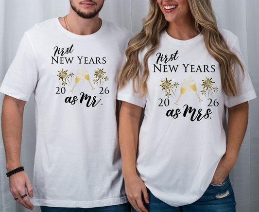 Mr & Mrs First New Year 2026 Newlywed Couple T-Shirt Bundle | Matching His & Hers NYE Shirts | Printed Tee Design