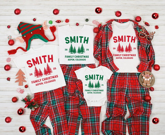 Custom Family Christmas T-Shirts - Personalized Holiday Shirt Design with Family Name, Matching Xmas Group Shirts with Christmas Trees