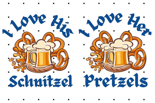 Funny Oktoberfest Couple Shirts Bundle - "I Love Her Pretzels," "I Love His Schnitzel" Matching Tees, Beer Festival German Party Outfit