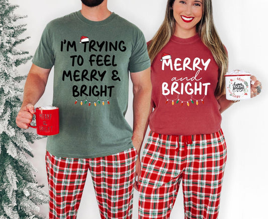 Funny Merry and Bright Couple T-Shirts, Christmas Adult Humor Shirt Set, Festive Matching Holiday Apparel