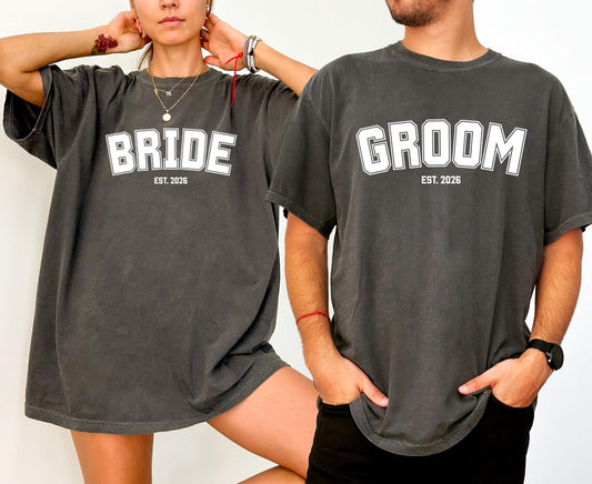 Varsity Wedding Party T-Shirts, Bride Groom MOB MOG Shirts, Mother of Bride Groom Apparel, Wedding Crew Gifts
