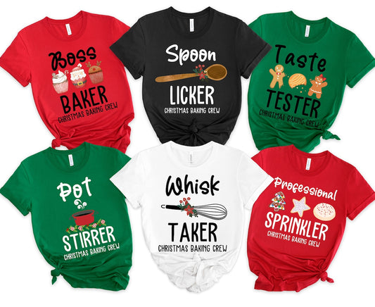 Funny Christmas Baking Crew matching family T-shirts with food pun designs for holiday parties and baking.