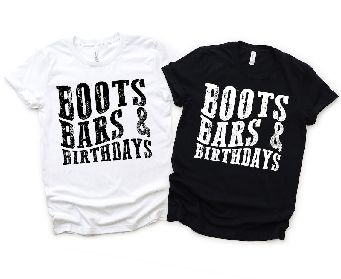 Nashville Country Western Birthday T-Shirt for girls trip or crew with "Boots, Bars, and Birthdays" theme.