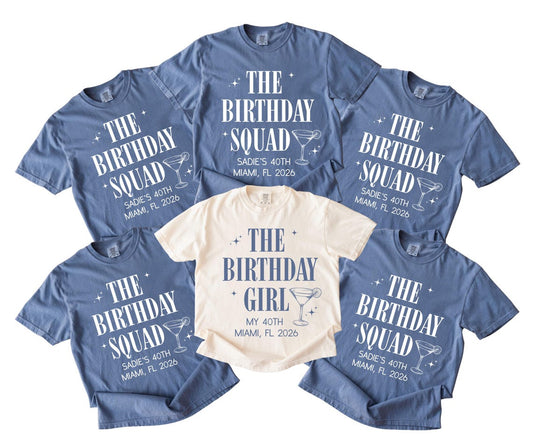Custom Birthday Squad T-Shirts for matching group trips, birthday girl, and milestone celebrations.